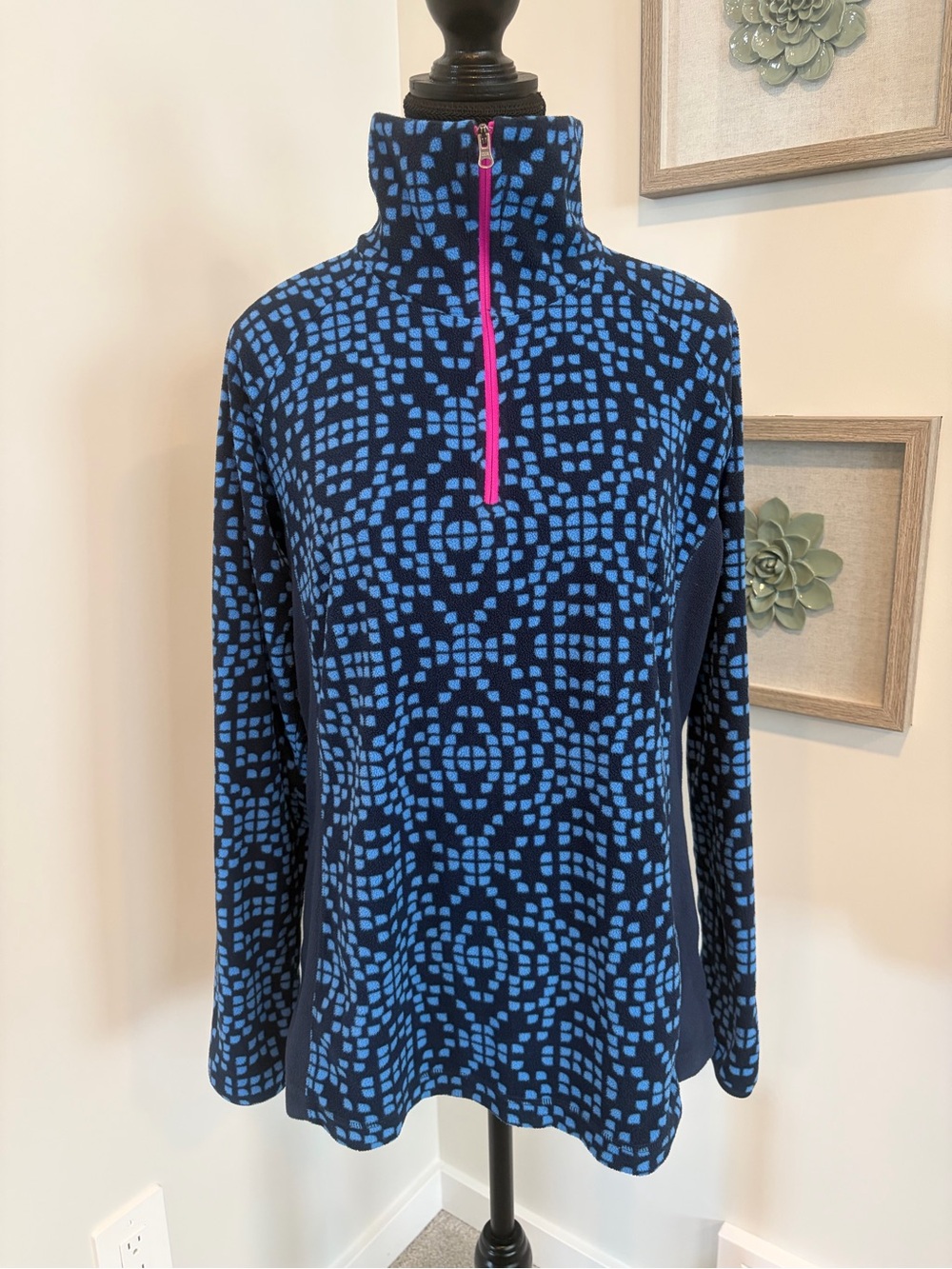 Columbia Blue Geometric Mock Neck Pink Quarter Zip Sweater EUC